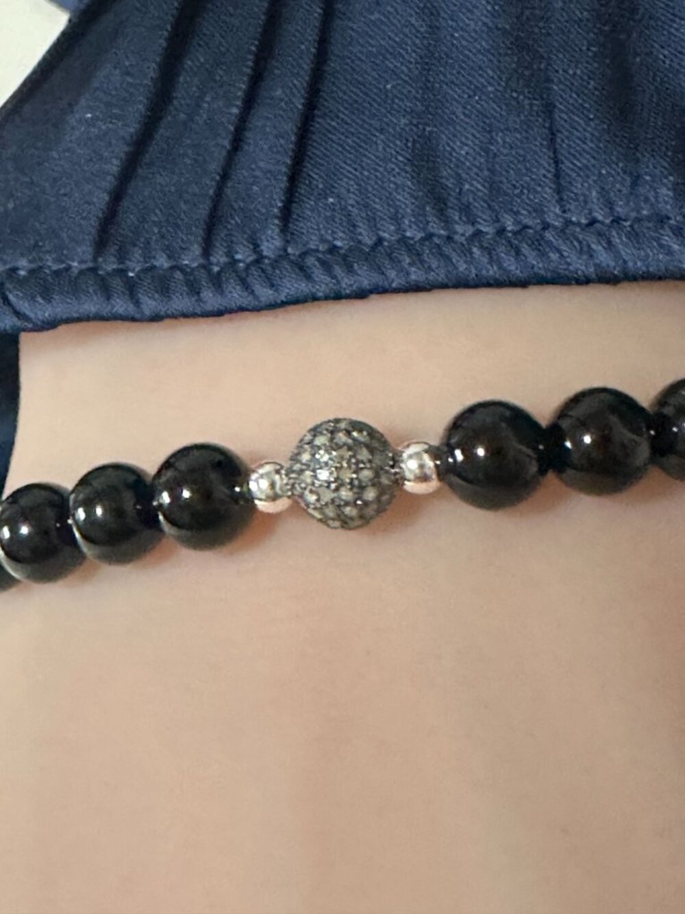 Black Onyx Gemstone Stretch Bracelet with Pave Diamond Bead Oxidized - Picture 6 of 10